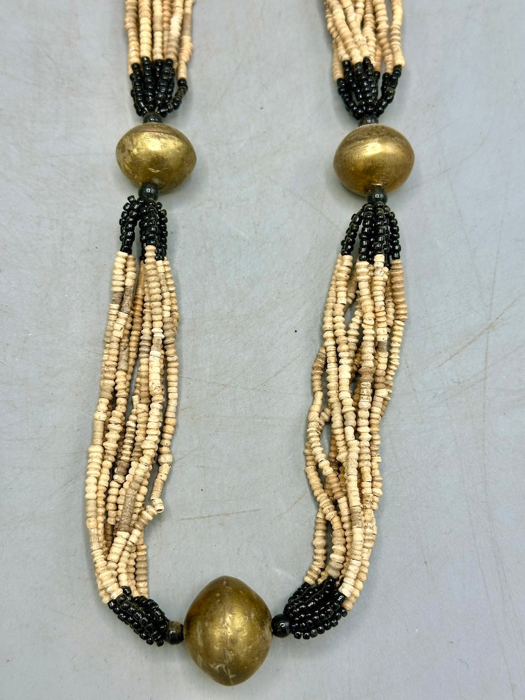 Smallest Excavated Clay Bead, Brass Bead, Inlaid Wooden Bead Necklaces - Mali
