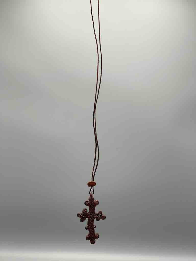 Woven Coptic Christian Red Leather Cross on Long Cord Necklace 2 sizes - Ethiopia