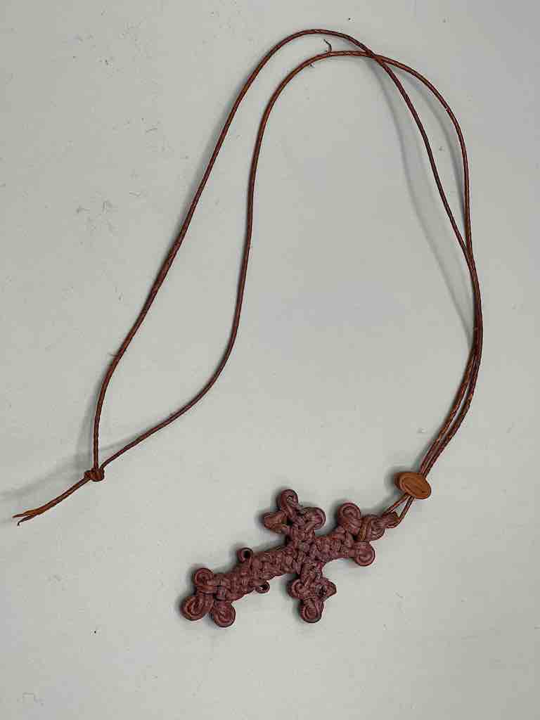 Woven Coptic Christian Red Leather Cross on Long Cord Necklace 2 sizes - Ethiopia