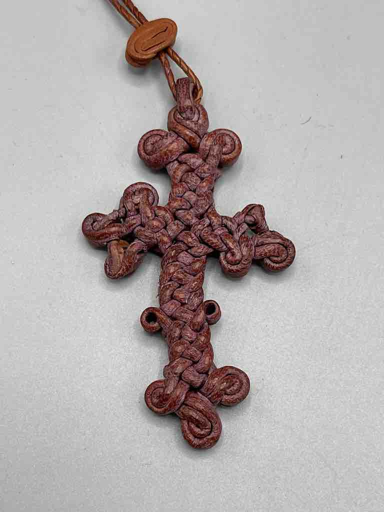 Woven Coptic Christian Red Leather Cross on Long Cord Necklace 2 sizes - Ethiopia