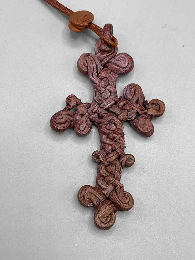 Woven Coptic Christian Red Leather Cross on Long Cord Necklace 2 sizes - Ethiopia