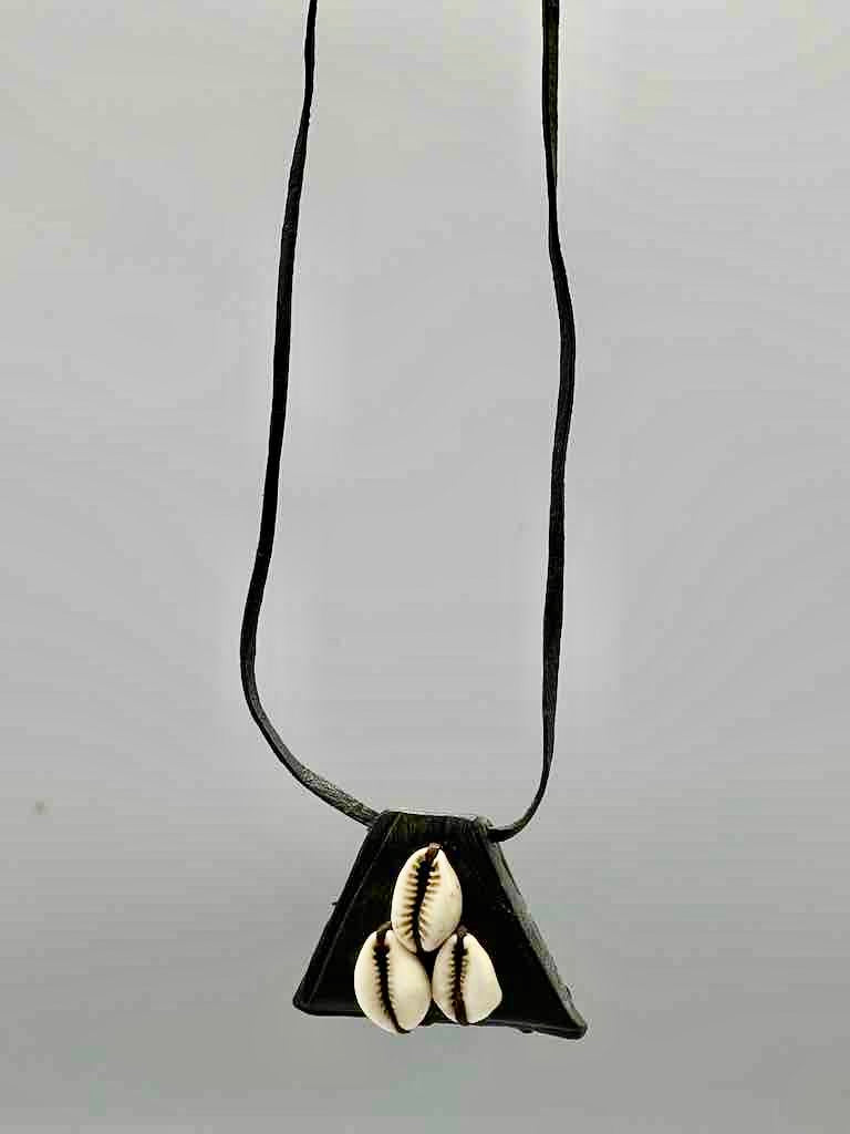 Triple Cowrie Shell Black Leather GriGri Pendant Necklace - Mali