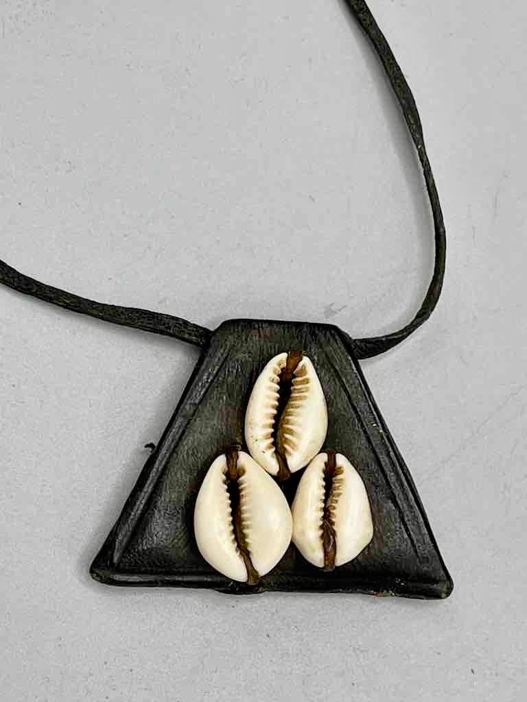 Triple Cowrie Shell Black Leather GriGri Pendant Necklace - Mali