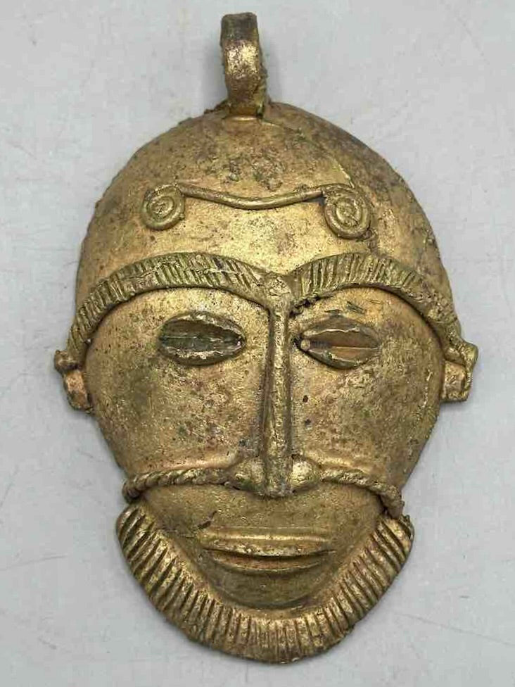 X-Large Heavy African Brass Bearded Mask Pendant - Ghana