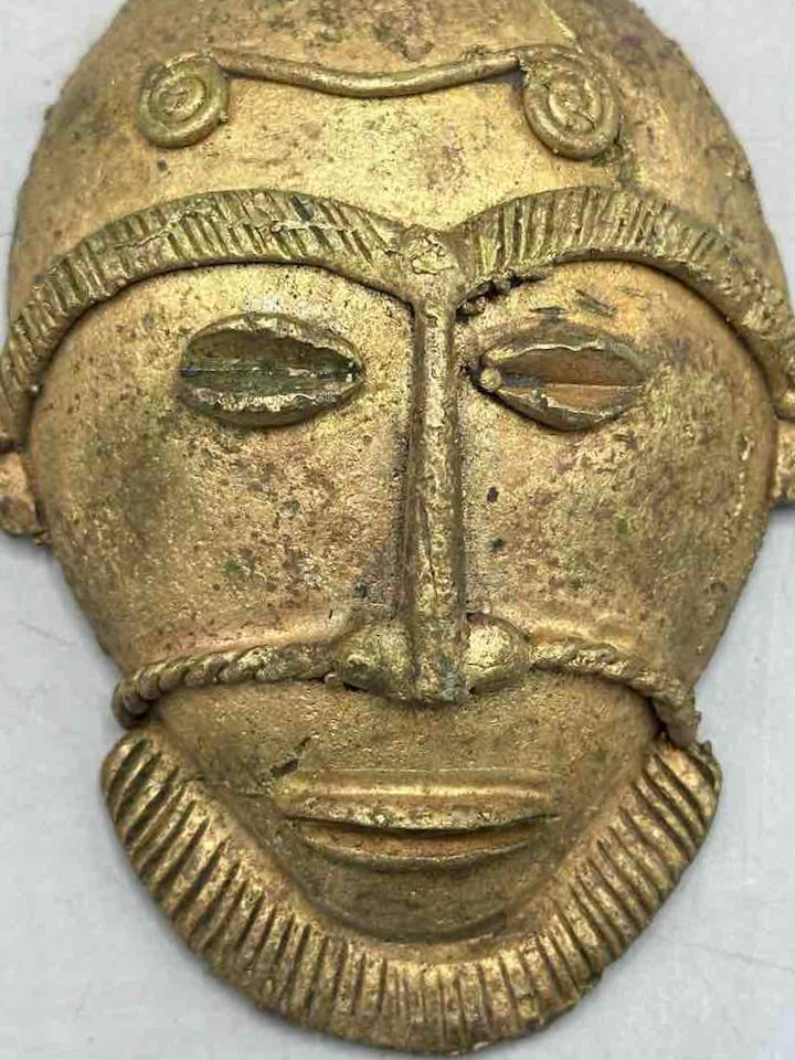 X-Large Heavy African Brass Bearded Mask Pendant - Ghana