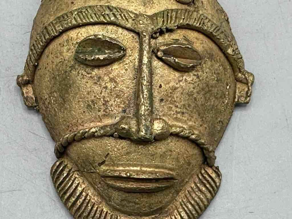 X-Large Heavy African Brass Bearded Mask Pendant - Ghana