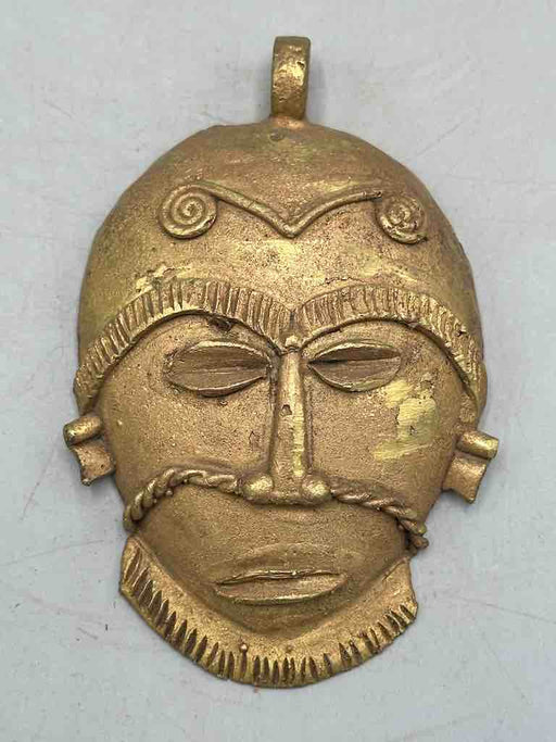 X-Large Heavy African Brass Bearded Mask Pendant - Ghana