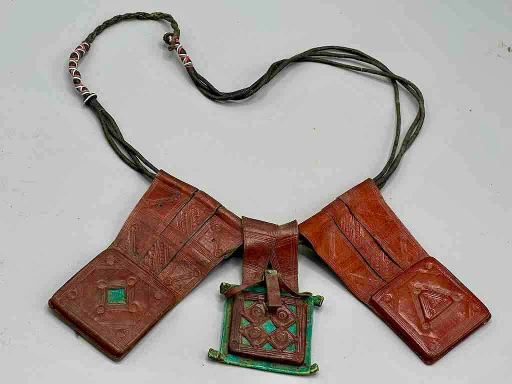 Triple Large Leather Tuareg GriGri Thick Multiple Cord Necklace - Niger