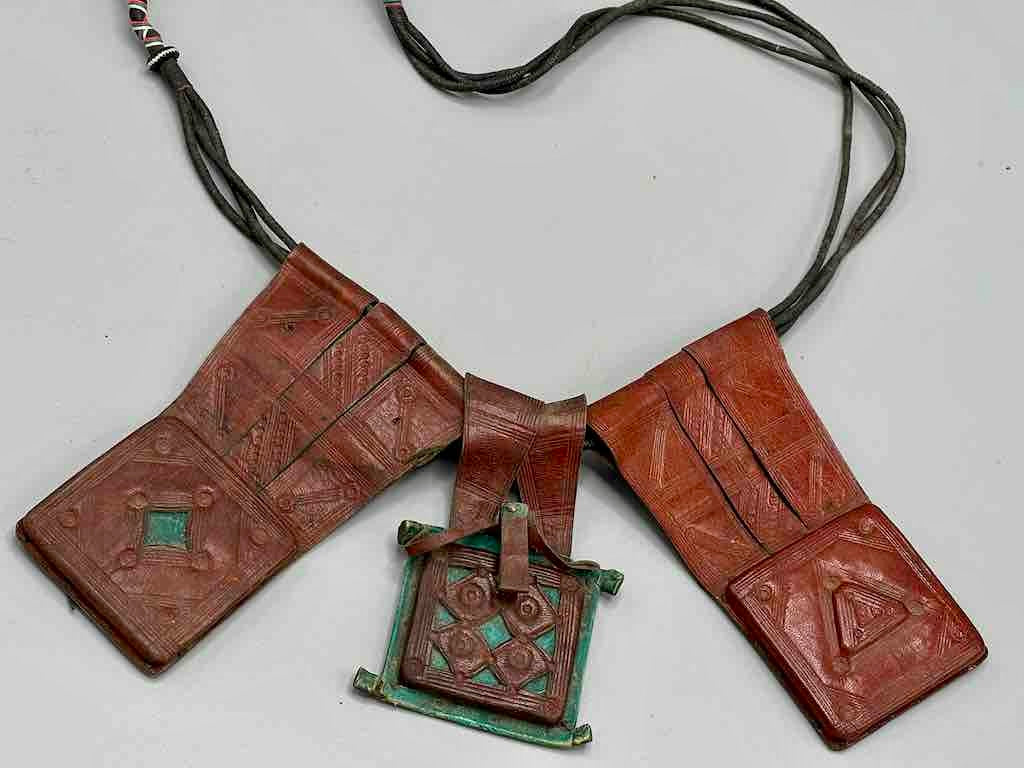 Triple Large Leather Tuareg GriGri Thick Multiple Cord Necklace - Niger