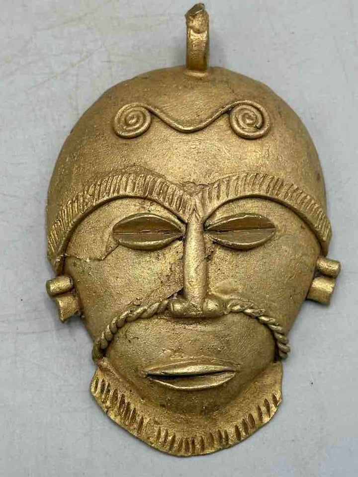 X-Large Heavy African Brass Bearded Mask Pendant - Ghana