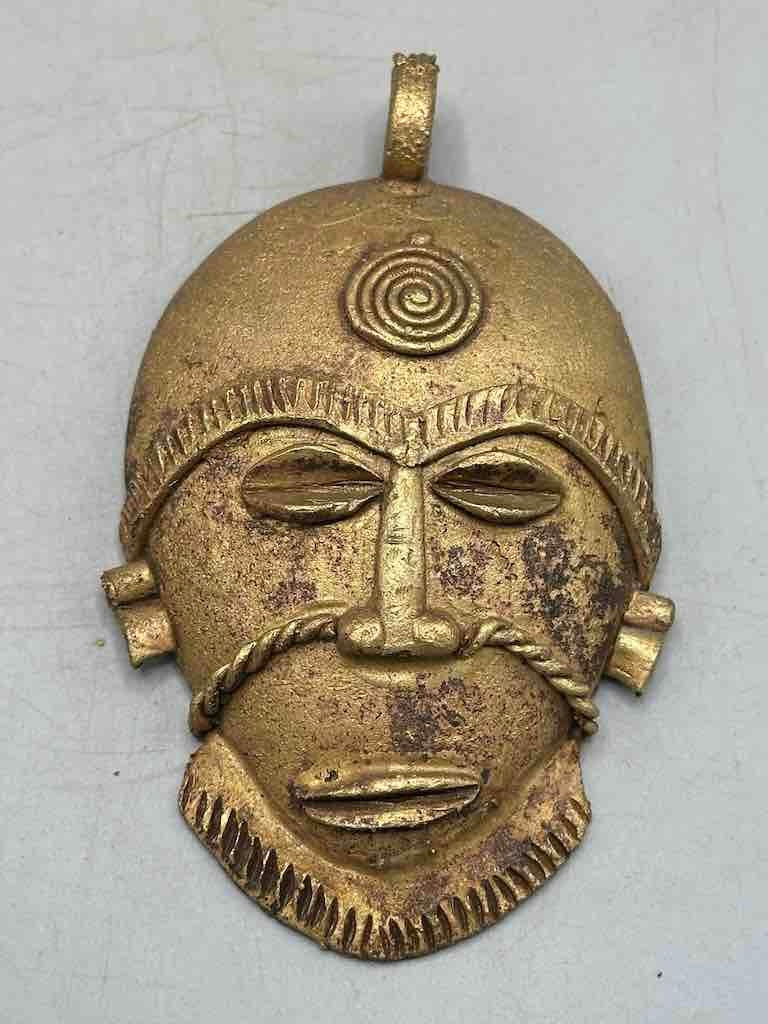 X-Large Heavy African Brass Bearded Mask Pendant - Ghana