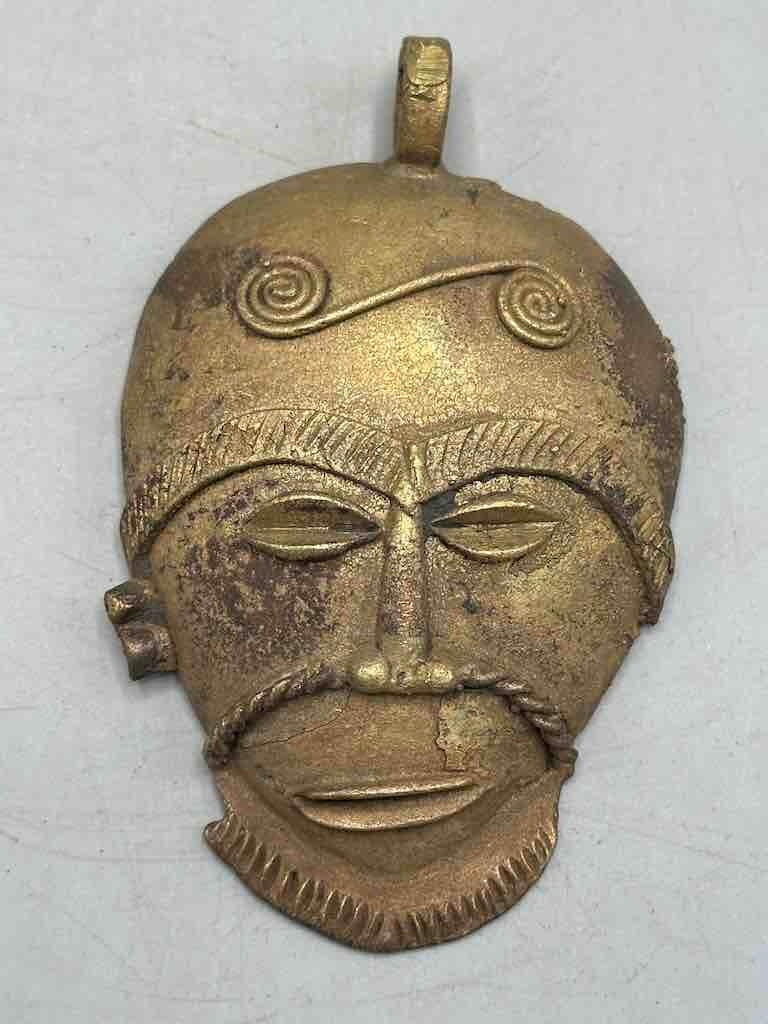 X-Large Heavy African Brass Bearded Mask Pendant - Ghana