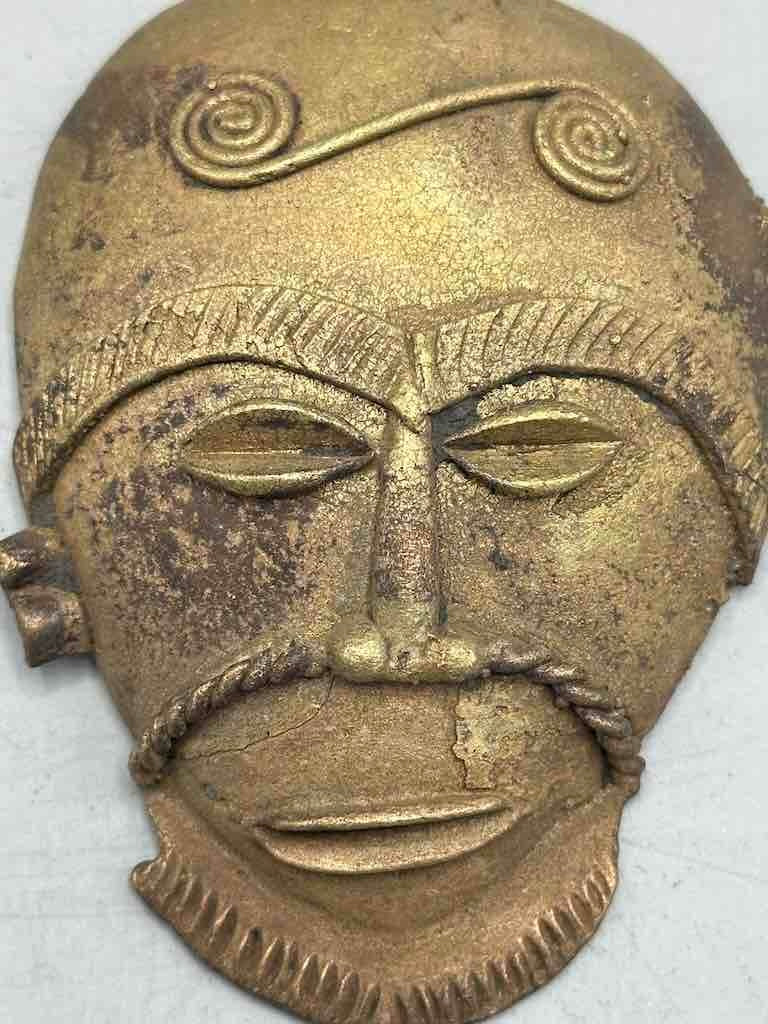 X-Large Heavy African Brass Bearded Mask Pendant - Ghana