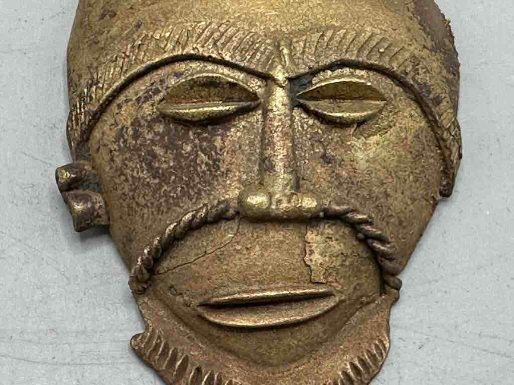 X-Large Heavy African Brass Bearded Mask Pendant - Ghana