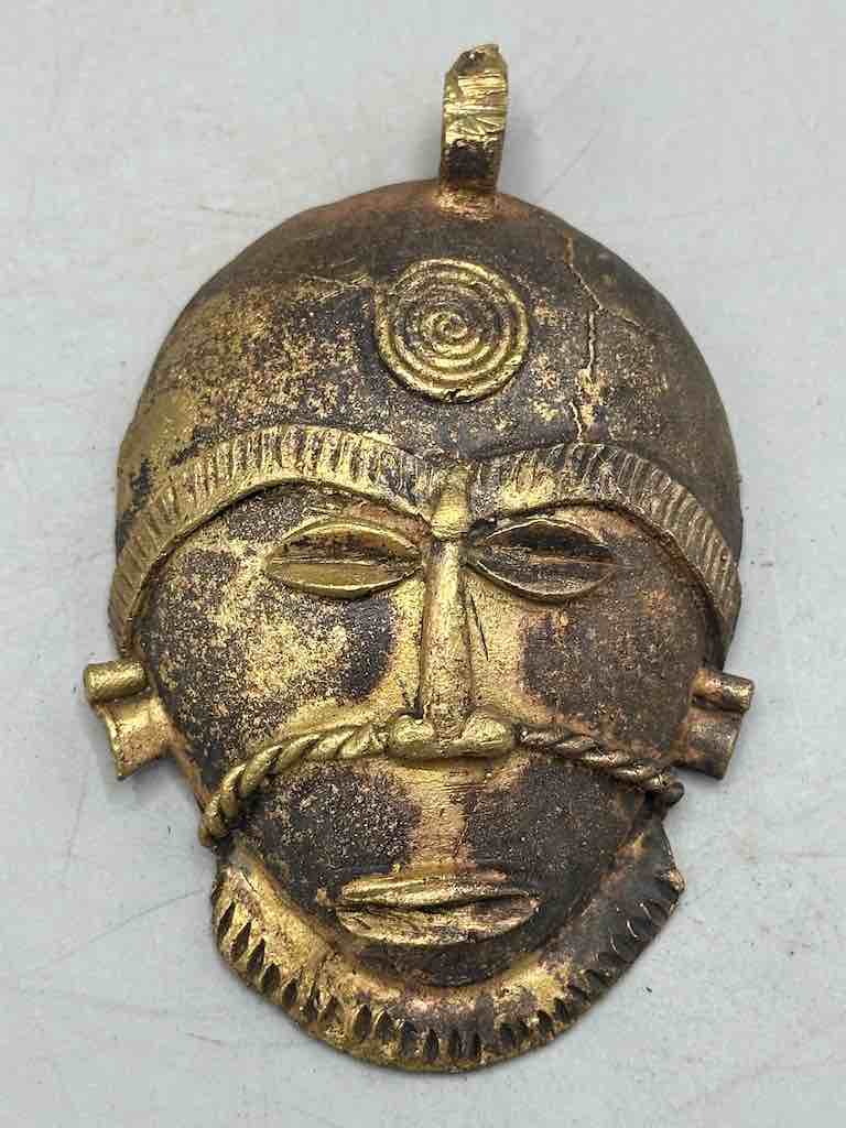 X-Large Heavy African Brass Bearded Mask Pendant - Ghana