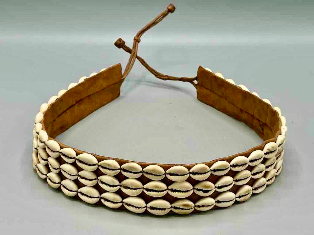 African Cultural Wide Real Cowrie Shell-Natural Leather Ball & Loop Closure Belt