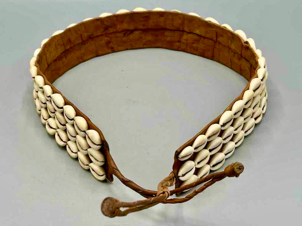 African Cultural Wide Real Cowrie Shell-Natural Leather Ball & Loop Closure Belt