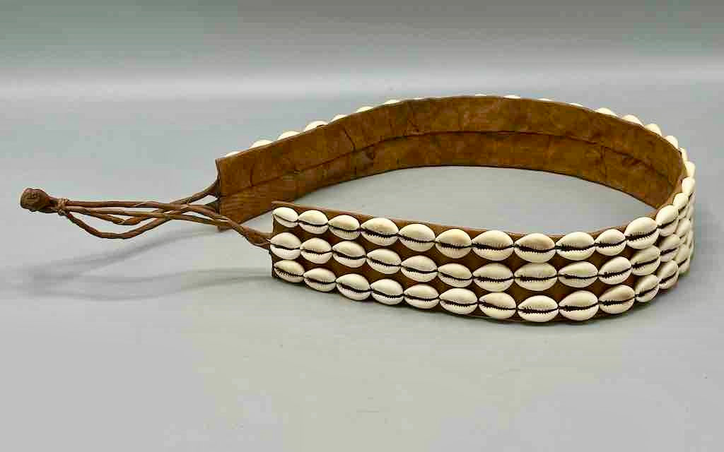 African Cultural Wide Real Cowrie Shell-Natural Leather Ball & Loop Closure Belt