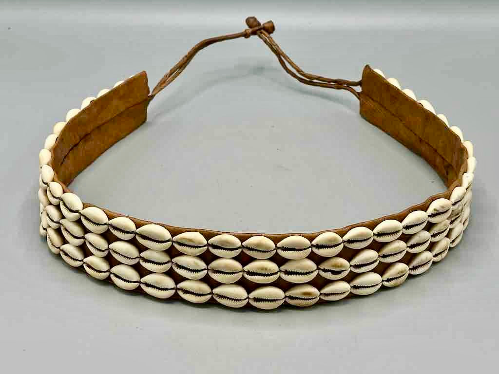 African Cultural Wide Real Cowrie Shell-Natural Leather Ball & Loop Closure Belt