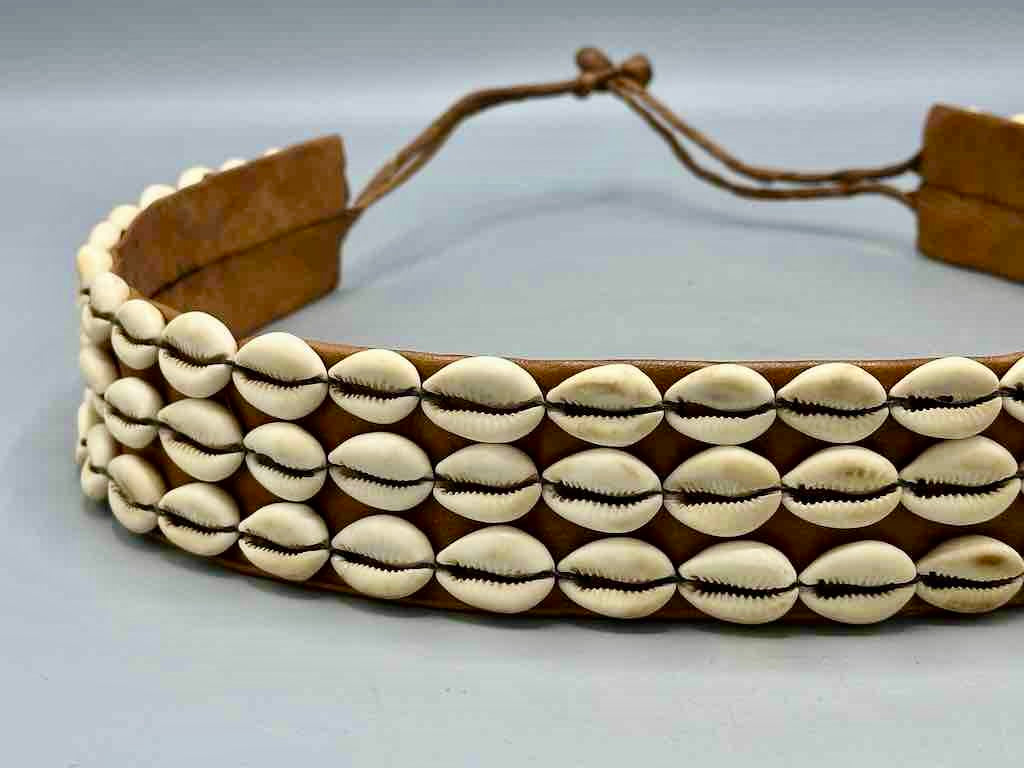 African Cultural Wide Real Cowrie Shell-Natural Leather Ball & Loop Closure Belt