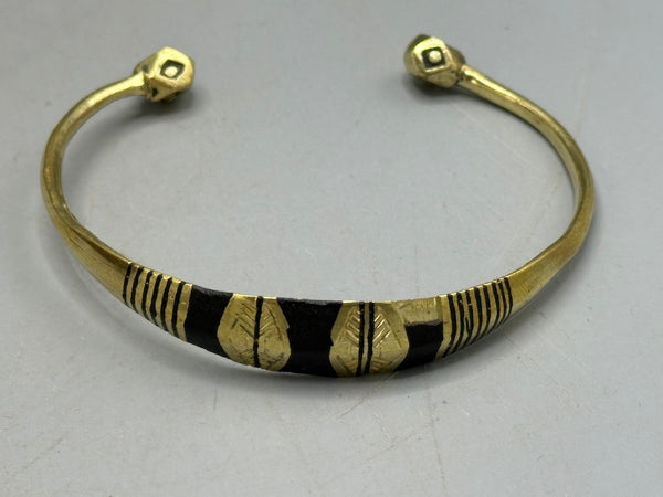 Tuareg Triple Large Inlay Multiple Stripe Etched Wide Flat Brass Bracelet - Imperfect