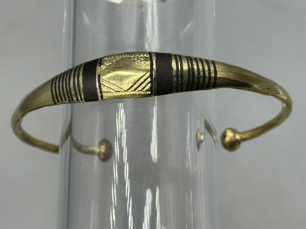 Tuareg Double Bar Multiple Stripe Inlay Etched Center Flat Brass Bracelet