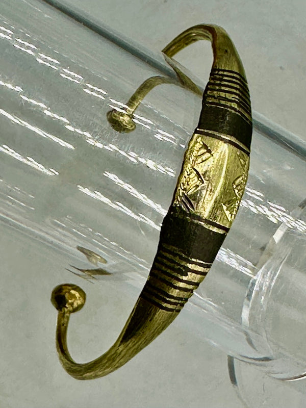Tuareg Double Bar Inlay Multiple Stripe Etched Center Wide Flat Brass Bracelet