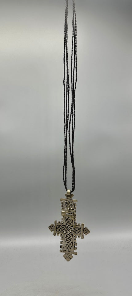 Coptic Christian Metal Cross on Long Cord Necklace - Ethiopia