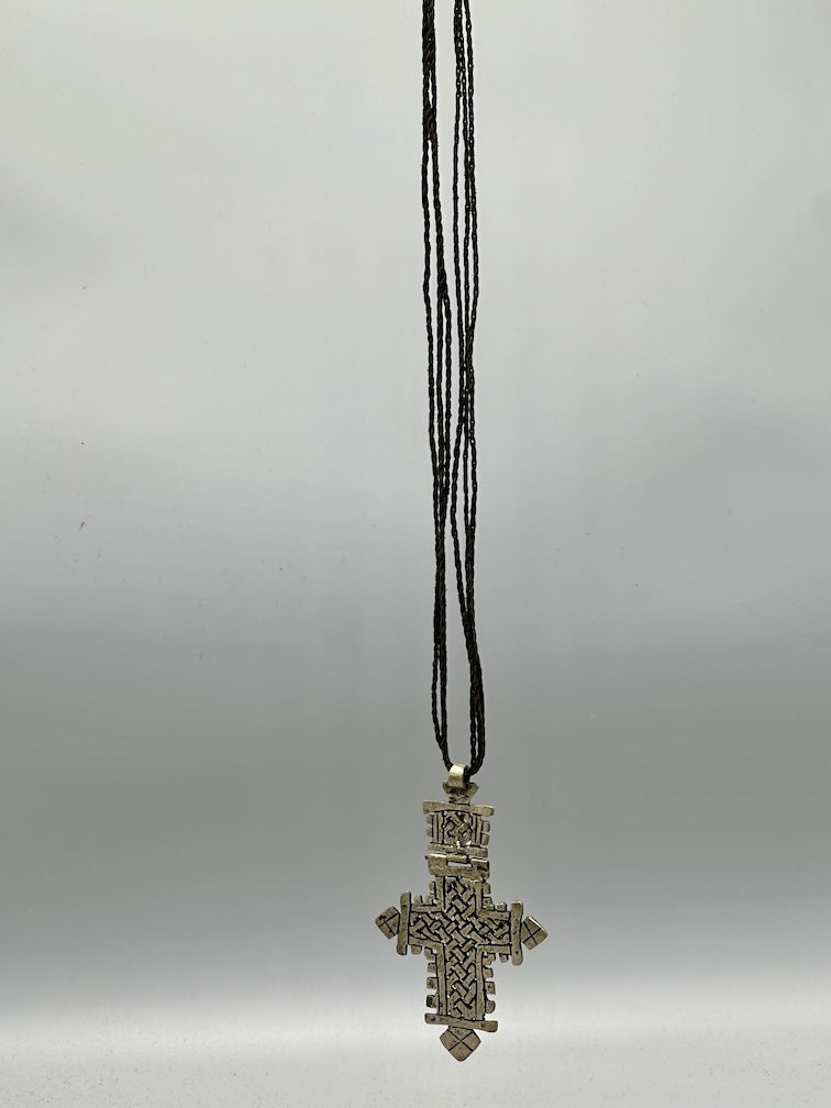 Coptic Christian Metal Cross on Long Cord Necklace - Ethiopia