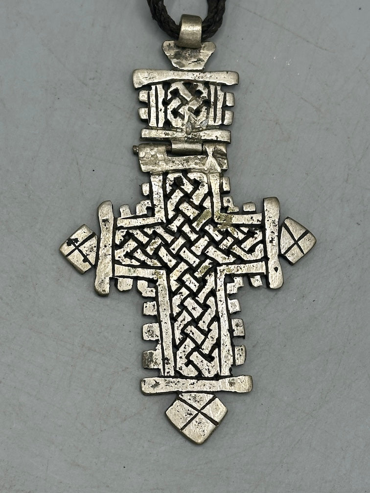 Coptic Christian Metal Cross on Long Cord Necklace - Ethiopia