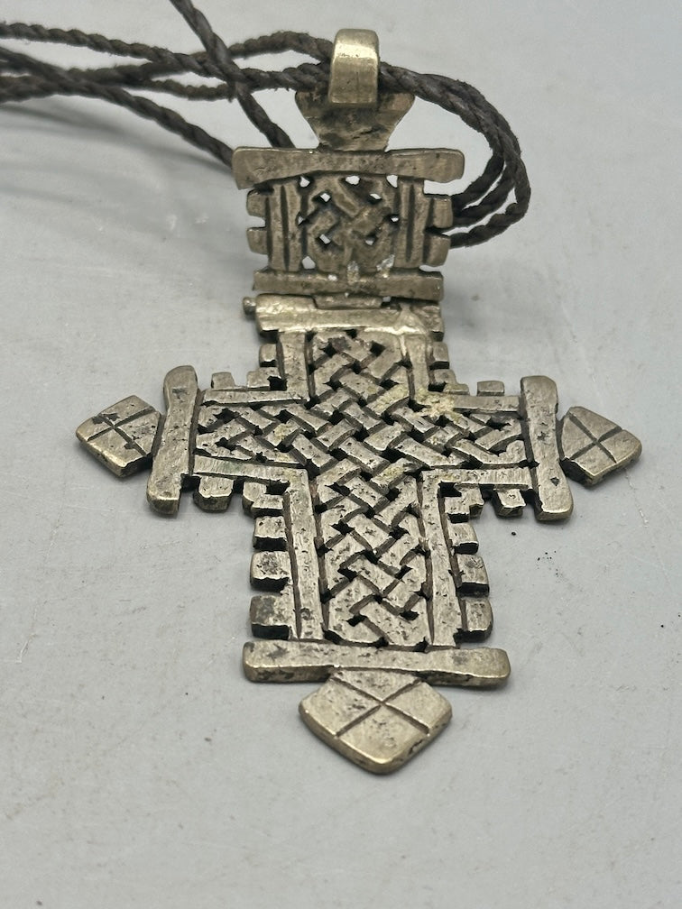 Coptic Christian Metal Cross on Long Cord Necklace - Ethiopia