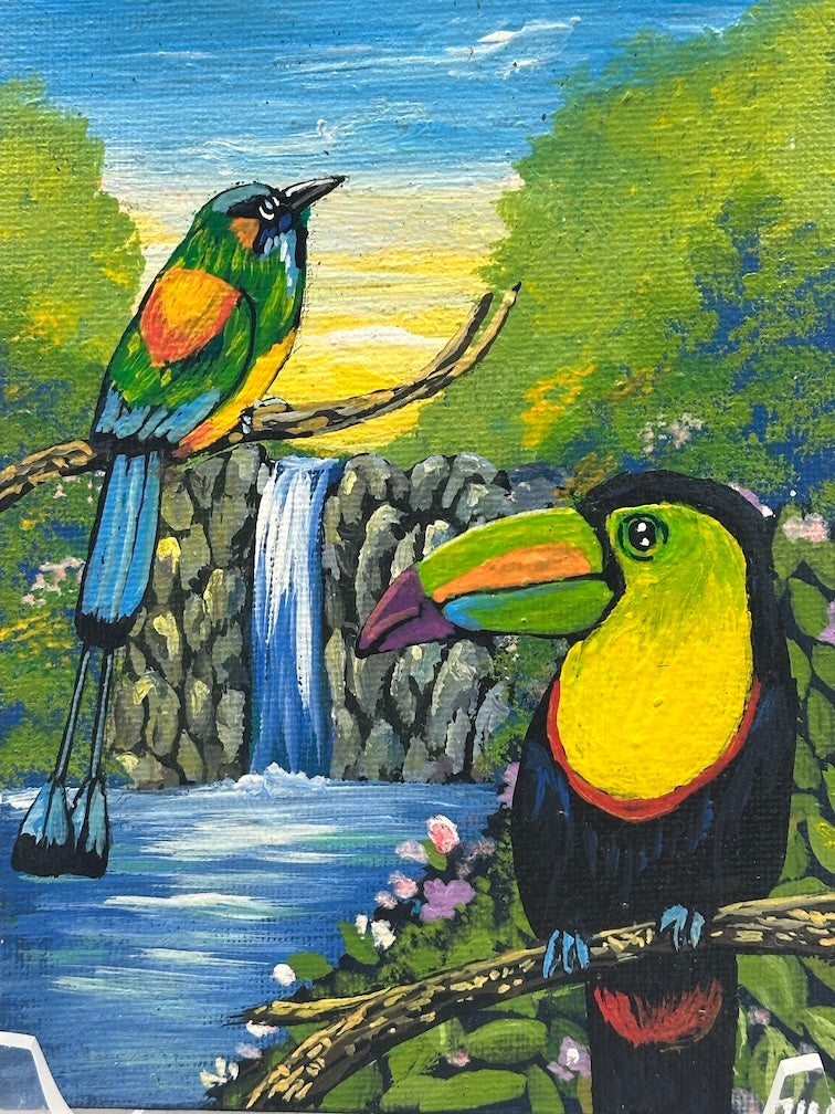 Original Small Tropical Birds Painting on Canvas from El Salvador