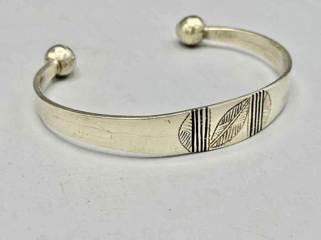 Large Wide Tuareg Inlaid Etched Coin Silver Bracelet