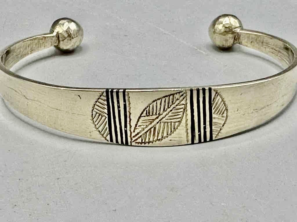 Large Wide Tuareg Inlaid Etched Coin Silver Bracelet