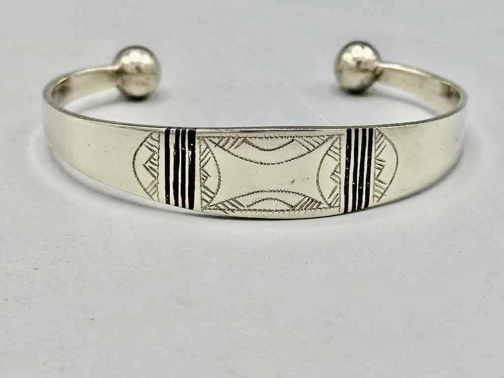 Large Wide Tuareg Inlaid Etched Coin Silver Bracelet