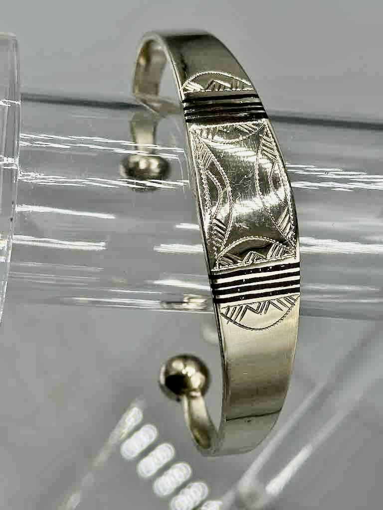 Large Wide Tuareg Inlaid Etched Coin Silver Bracelet