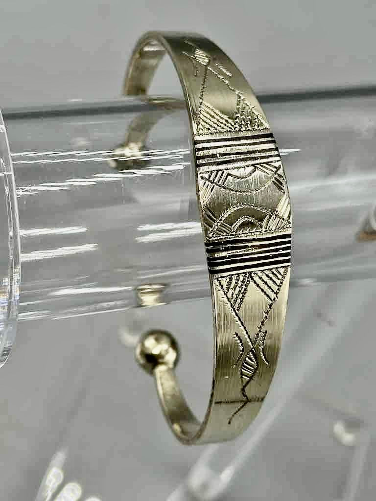 Large Wide Tuareg Inlaid Etched Coin Silver Bracelet