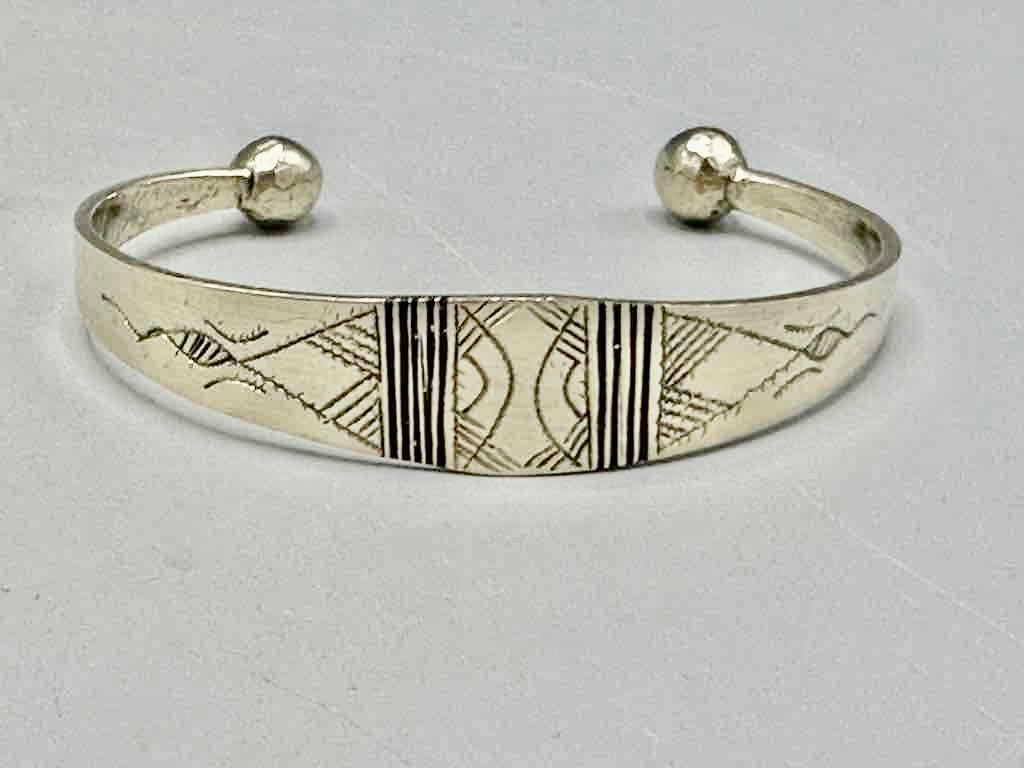 Large Wide Tuareg Inlaid Etched Coin Silver Bracelet