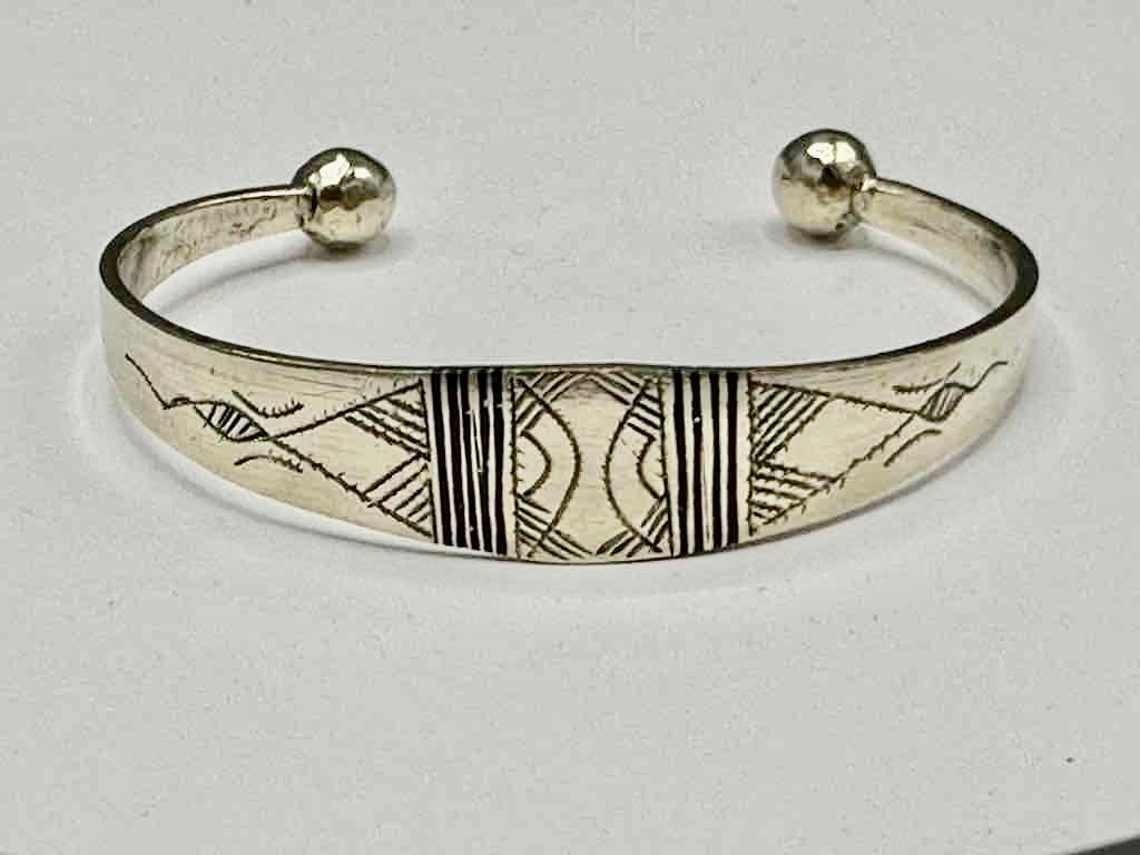 Large Wide Tuareg Inlaid Etched Coin Silver Bracelet