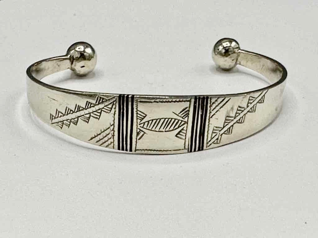 Large Wide Tuareg Inlaid Etched Coin Silver Bracelet