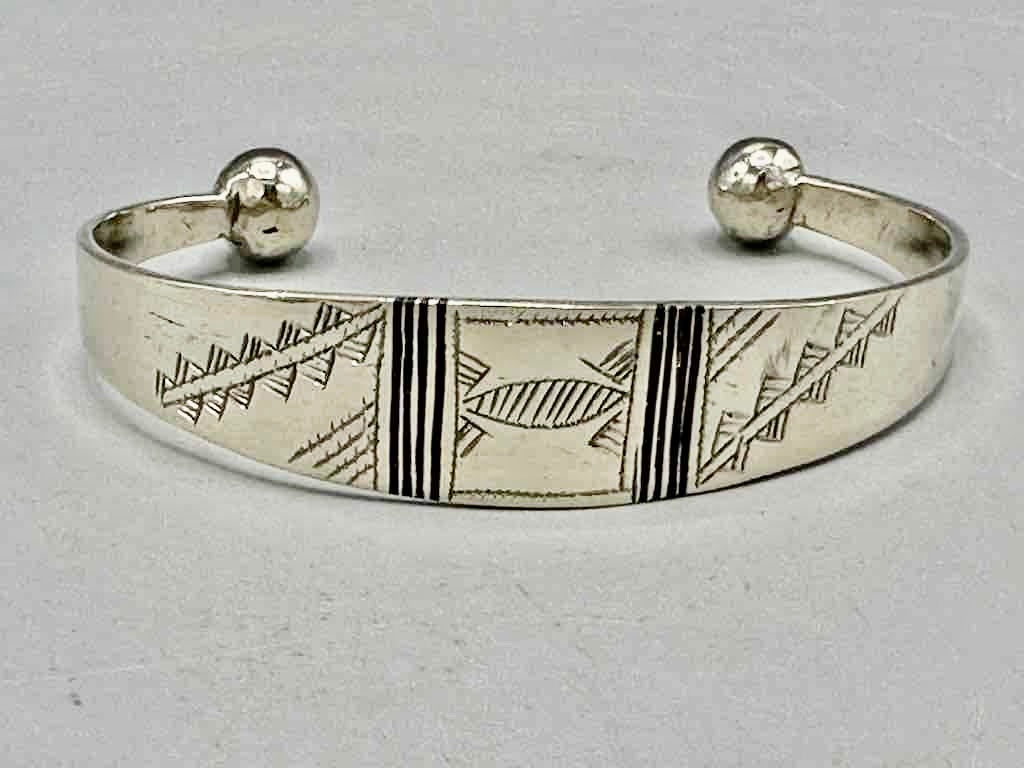 Large Wide Tuareg Inlaid Etched Coin Silver Bracelet