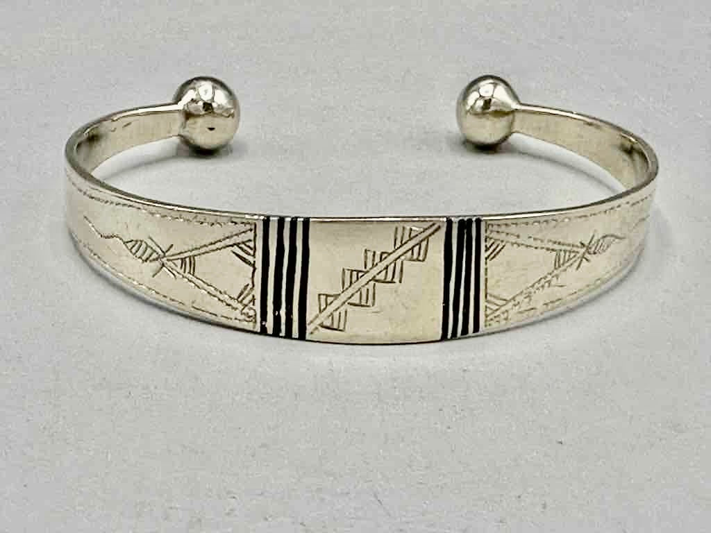 Large Wide Tuareg Inlaid Etched Coin Silver Bracelet