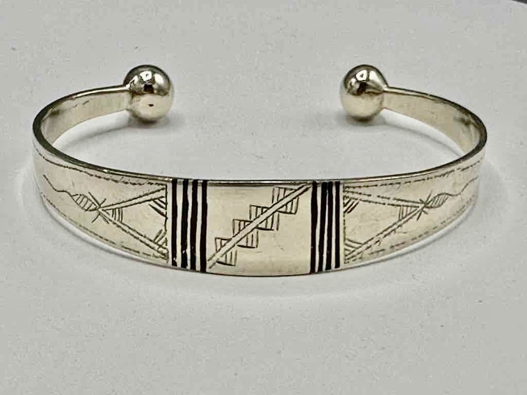 Large Wide Tuareg Inlaid Etched Coin Silver Bracelet