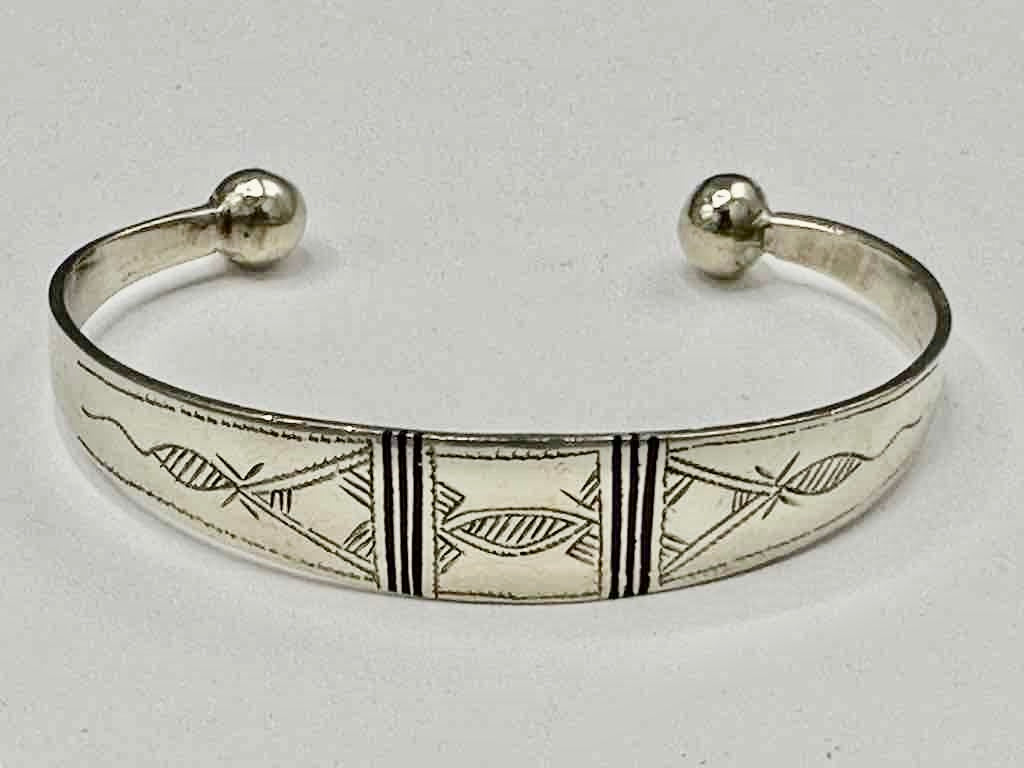 Large Wide Tuareg Inlaid Etched Coin Silver Bracelet