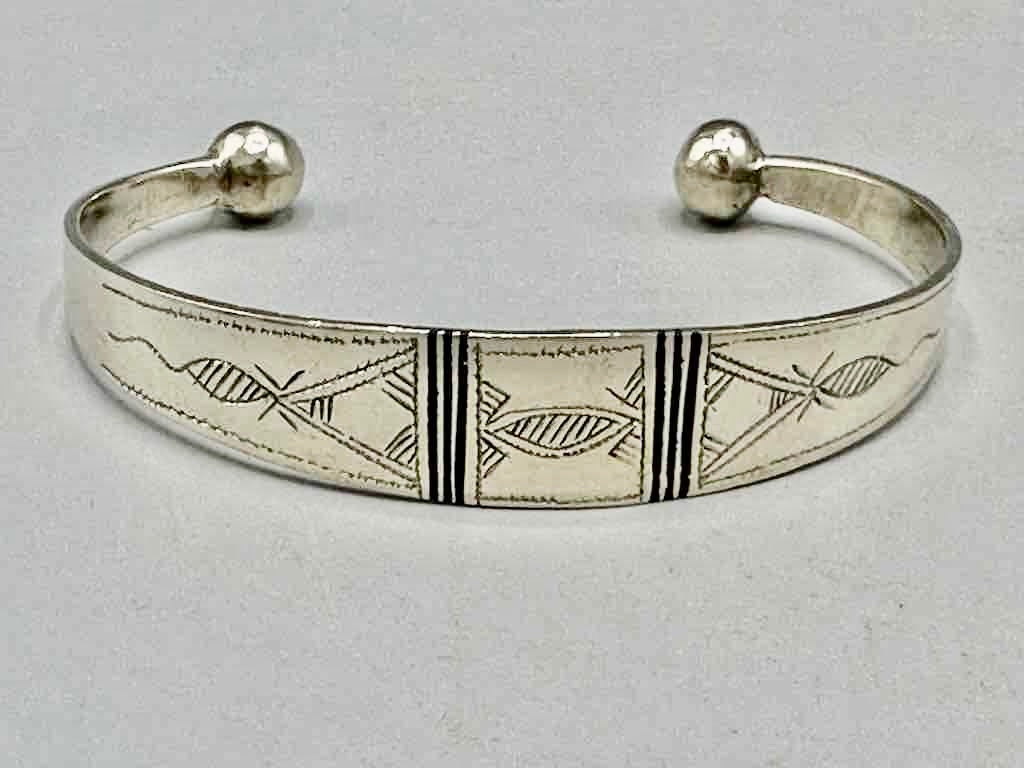 Large Wide Tuareg Inlaid Etched Coin Silver Bracelet