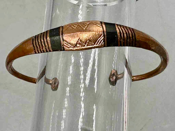 Tuareg Double Bar Multiple Stripe Inlay Etched Center Flat Copper Bracelet