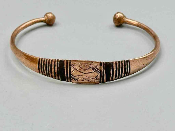 Tuareg Double Bar Multiple Stripe Inlay Etched Center Flat Copper Bracelet