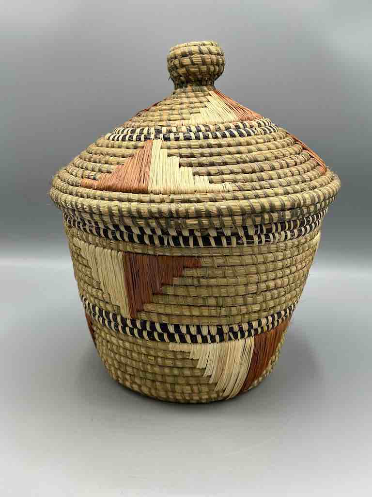 Large Vintage Covered Batwa Raffia Basket - Uganda