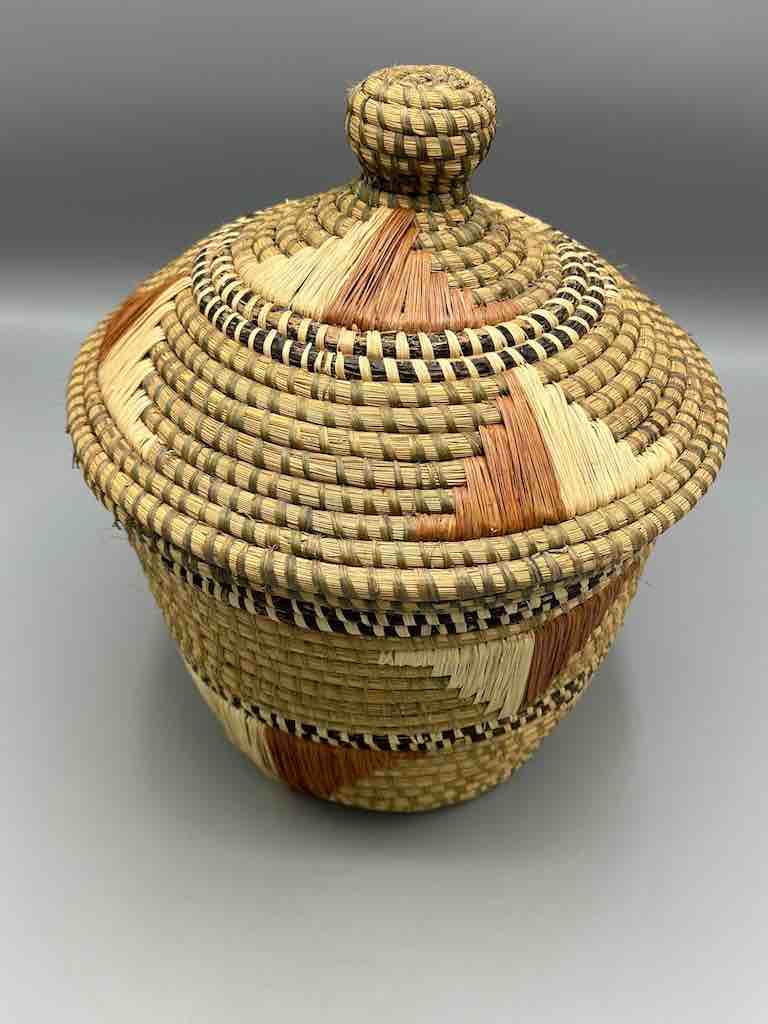 Large Vintage Covered Batwa Raffia Basket - Uganda