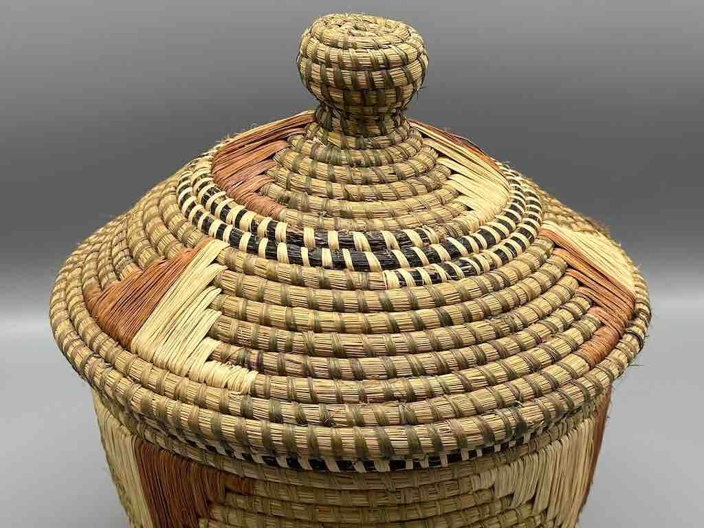 Large Vintage Covered Batwa Raffia Basket - Uganda